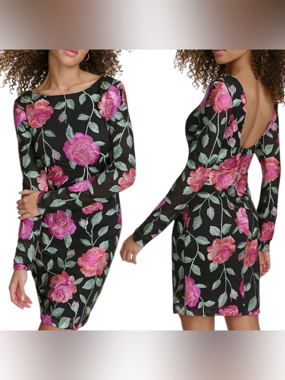Siena Womens Embroidered Black Floral Mesh Bodycon Low Scoop Back Size 2 & 8